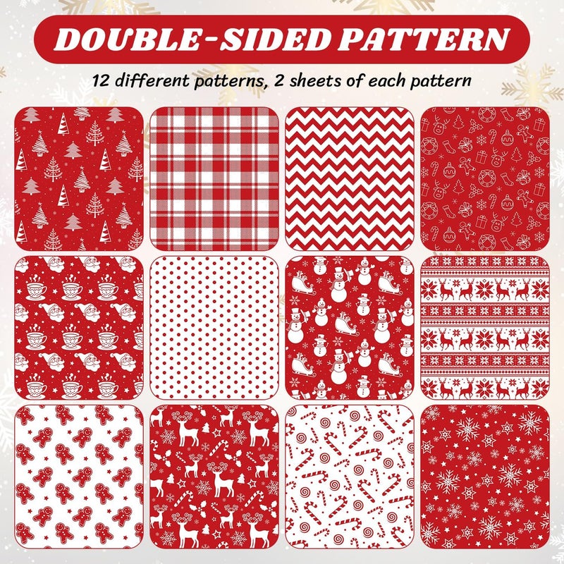 Feivando 24 Sheets Christmas Scrapbook Paper 12'' × 12'' Double-Sided Xmas Red Pattern Paper Decorative Art Cardstock for Holiday DIY Crafts Card Making Scrapbook Supplies - Image 3